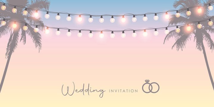 wedding invitation tropical design with palm tree and fairy lights - Powered by Adobe