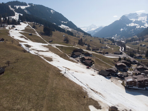 Aerial view of houses near a ski resort in Fancy, Bern, Switzerland.