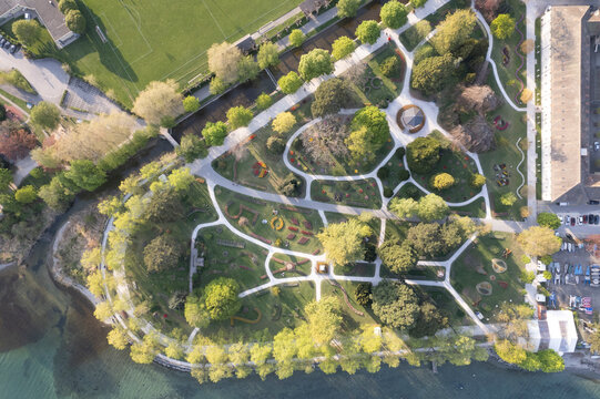 Aerial view of artistic flower composition at Parc de l'Indipendance (The Independent park), Morges, Switzerland.