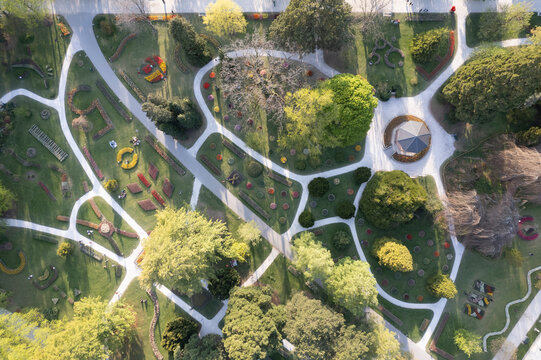 Aerial view of artistic flower composition at Parc de l'Indipendance (The Independent park), Morges, Switzerland.