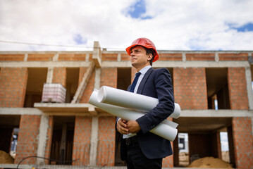 man engineer architect in red helmet is holding a paper plan of a building at the construction site...