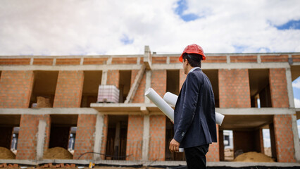 man engineer architect in red helmet is holding a paper plan of a building at the construction site and verifying the working process..