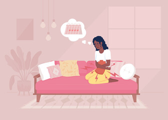Relieving menstrual cramps flat color vector illustration. Sickly looking young woman applying heat pad to abdomen. Fully editable 2D simple cartoon character with cozy interior on background - obrazy, fototapety, plakaty