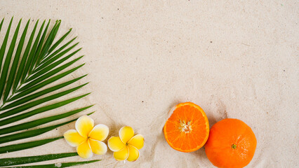 Orange on sand beach and palm leaf background.