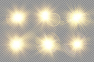 Glow light star, yellow sun rays, gold glare bokeh
