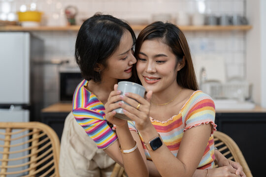 LGBT asian lesbian couple love moments happiness at home concept