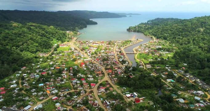 Flying backwards at Santo Antonio city at Prince Ispand,Sao Tome,Africa