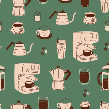 Coffee brewing equipment. Various coffee elements. French press, coffee machine, mug, cup, milk pitcher, moka, kettle. Coffee lovers theme. Hand drawn Vector illustration. Square seamless Pattern