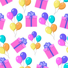 Fototapeta na wymiar Seamless gift pattern and multicolored balloons on a white background.Vector pattern can be used in packaging,textiles, postcards.