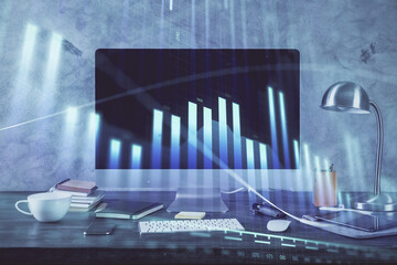 Forex market chart hologram and personal computer background. Multi exposure. Concept of investment.