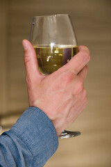 A man's hand in a blue shirt holds a glass of white wine. Close up