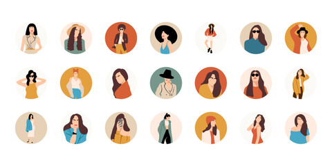 Collection of stylish young women dressed in casual and formal outfits. Flat design illustrations of woman portrait in trendy fashionable style