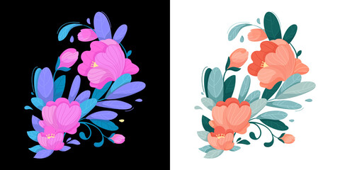 Fototapeta na wymiar Floral print for design in two trendy color options. Neon and natural colors. Illustrations isolated on white and black backgrounds.