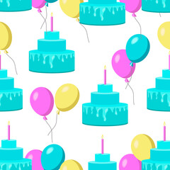 Seamless pattern three-tiered cake with candles and balloons on a white background.Vector pattern for festive designs.