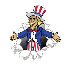 Uncle Sam Cartoon Coming out from ripped Paper