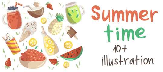 A set of illustrations dedicated to the time of summer. Summer time. Food in the summer.