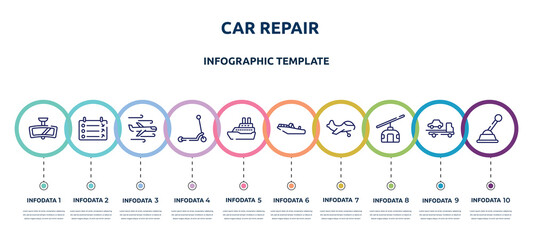 car repair concept infographic design template. included rear-view mirror, departure, turbulence, kick, cruise ship, motorboat, small plane, null, gearshift icons and 10 option or steps.