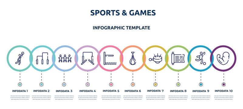 sports & games concept infographic design template. included team player, gym bars, football team, horizontal bars, diving board, speed bag, ringer, sacred scriptures, muscles icons and 10 option or