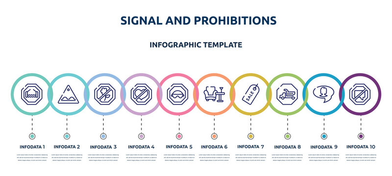 signal and prohibitions concept infographic design template. included bridge road, bumps, no picking flowers, lovemaking, eyewear, lounge, labels, heavy hinery, no chatting icons and 10 option or