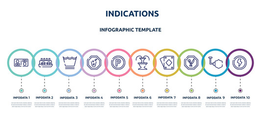 indications concept infographic design template. included restroom, ferry carrying cars, delicate washcycle, throw to the bin, p inside a circle, fountain, diamond ace, restaurant, shock icons and