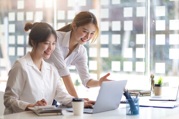 Businesswoman colleague working together on laptop discussing project planning.