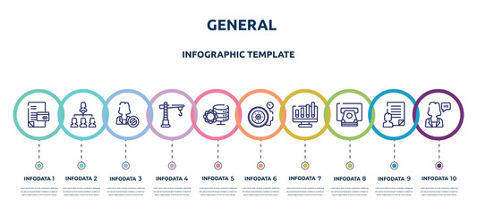 general concept infographic design template. included credit history, hr strategy, impeachment, construction crane, data science, inflate tire, ar graph, atm cash, hr manager icons and 10 option or