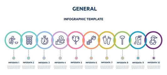 general concept infographic design template. included poor, office cabinet, analog stopwatch, poverty, floating balloons, live paint, steps, sledgehammer, teddy bear with sleep hat icons and 10