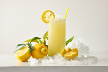 Lemon slush with fruit and ice and isolated background