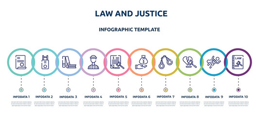 Fototapeta na wymiar law and justice concept infographic design template. included contract law, electroshock weapon, practise areas, prisioner, tax law, bribery, criminal divorce, constitutional icons and 10 option or