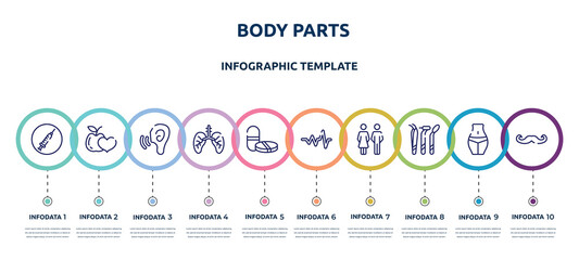 Fototapeta na wymiar body parts concept infographic design template. included drug abuse, healthy food for heart health care, ear increase audio, lungs with the trachea, tablet and capsule medications, cardiac graphic,