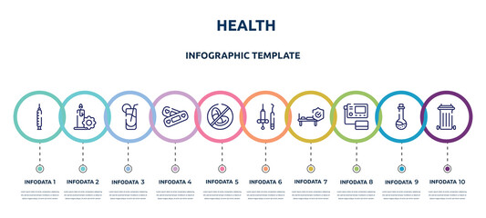 health concept infographic design template. included medical syringe, candle flower, fresh soda glass, lovely aid band, prohibition, dentist tools, hospitalization, blood pressure gauge, recycle bin