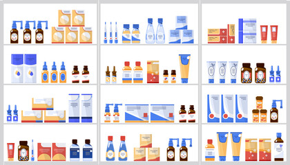 Obraz premium Different medicine,drug products in the pharmacy store on shelves.Flat vector