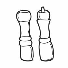 pepper grinder, salt spice shaker, black pepper mill vector doodle. Seasoning hand grinder. Restaurant kitchen tool. isolated graphic illustration