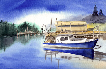 Fototapeta na wymiar Watercolor illustration of a wooden boat shed and a jetty on a lake, with a lakeside forest and a blue fishing boat standing by the pier