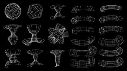 Set of abstract geometric technology elements in cyberpunk style. Retro vintage collection 3d virtual digital design. Texture 80s vr. Futuristic metaverse pattern. Vector isolated template background