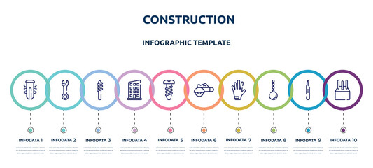 construction concept infographic design template. included dyupel, adjustable wrench, drill tip, rectangles, bolts, electric saw, left glove, wrecking ball, concrete icons and 10 option or steps.
