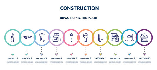 construction concept infographic design template. included nippers, sealant, dumpster, washing powder, wood cutter, stopping, solder, electric gauge, lodge icons and 10 option or steps.