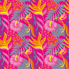 Exotic flowers and plants. Hummingbird, summer print. Seamless pattern for fabric, wrapping, textile, wallpaper, clothes. Vector.