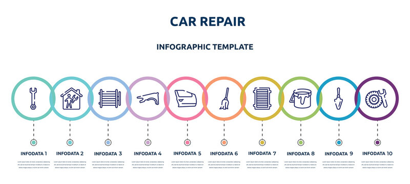 car repair concept infographic design template. included repair wrench, repairman inside a home, condenser, fender, car door, cleaning mop, air filter, open paint bucket, tyre icons and 10 option or