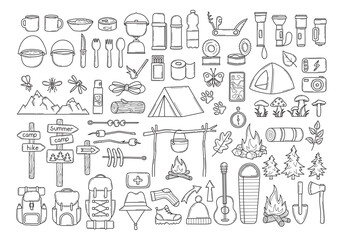 Large set of hiking equipment in doodle hand drawn. Items for summer camping, trekking. Travel supplies icons for outdoor base camp. Isolated sketch vector illustration © Nadya Ustuzhantceva