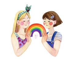 Two happy girls holding LGBT rainbow in hands. Concept of LGBT community, celebrating Pride month. Watercolor illustration isolated on white background. For postcard, print, t-shirt, sticker.