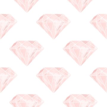 Seamless pattern of pink diamond crystal watercolor painting style on white background. Hand drawn of jewelry decorative isolated in white background. Good for gift paper, wedding decor or card making