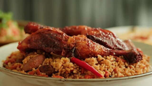 Kabsa close-up, rice and meat dish, saudi arabia national traditional food. Muslim family dinner, Ramadan, iftar. Arabian cuisine. Religious holiday, holy month.