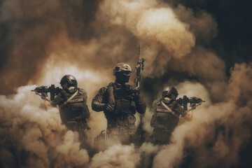 Swat forces between smoke and gas in battle field - obrazy, fototapety, plakaty