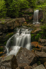 Waterfall of Jedlova creek in Jizerske mountains in spring morning
