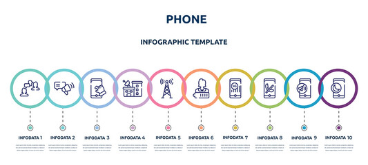 phone concept infographic design template. included job interview, testimony, pinch, station, telecommunication, charged, 4g, missed call, half moon icons and 10 option or steps.