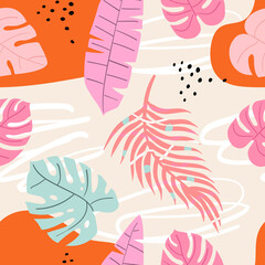 Vector colorful hand-drawn tropical seamless pattern. Modern print with tropical leaves, monstera, banana leaves, spots, dots and doodle.	