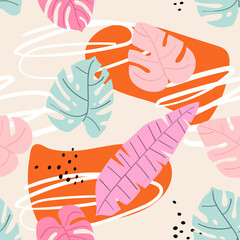Vector colorful hand-drawn tropical seamless pattern. Modern print with tropical leaves, monstera, banana leaves, spots, dots and doodle.
