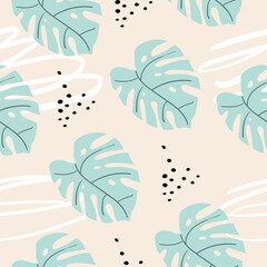 Fototapeta na wymiar Vector hand drawn seamless pattern with tropical leaves. Monstera, dots and doodles. Modern wallpaper, print for clothes, textiles.