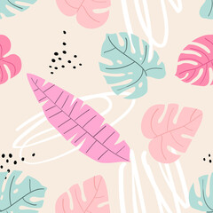Fototapeta na wymiar Vector colorful hand-drawn tropical seamless pattern. Modern print with tropical leaves, monstera, banana leaves, spots, dots and doodle.